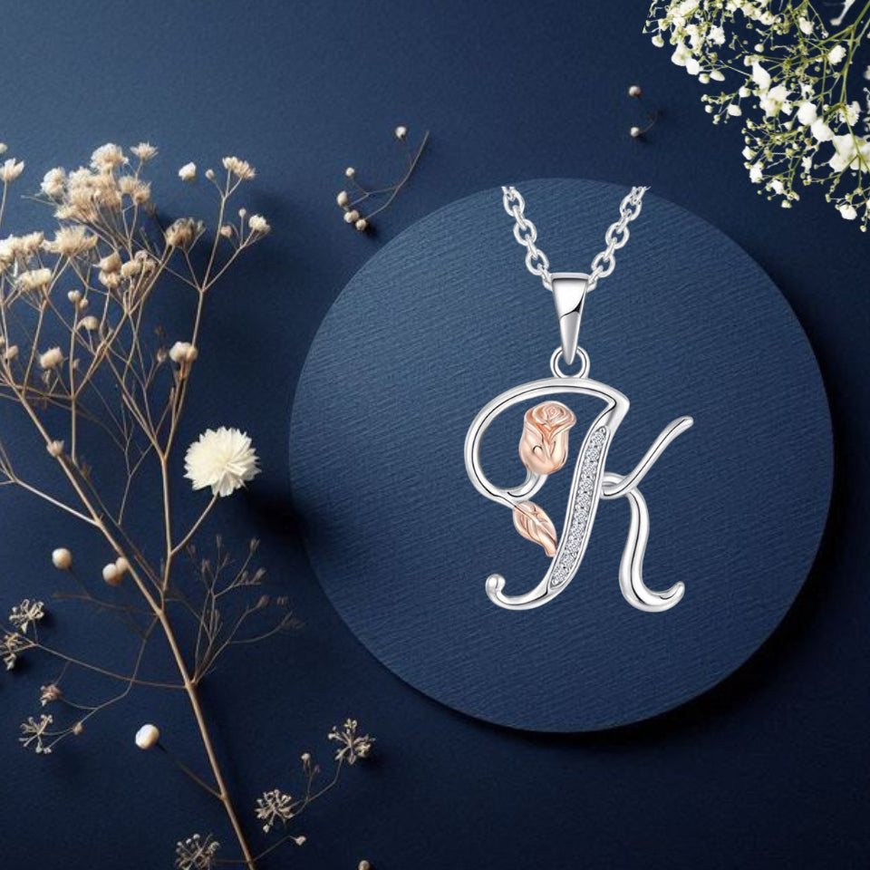 Initial Alphabet Rose Pendant Necklace