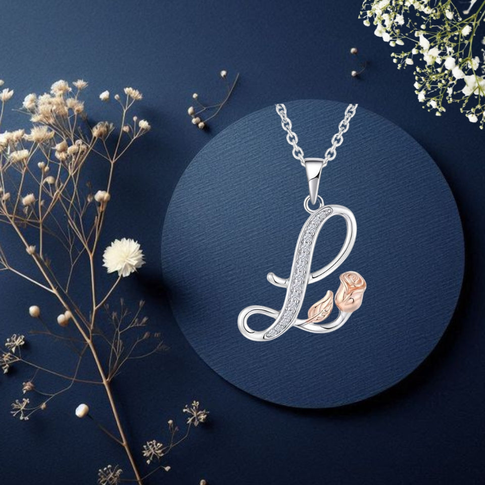 Initial Alphabet Rose Pendant Necklace