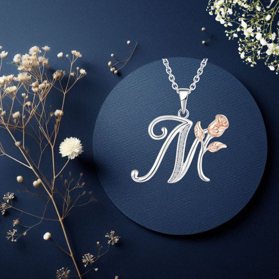 Initial Alphabet Rose Pendant Necklace