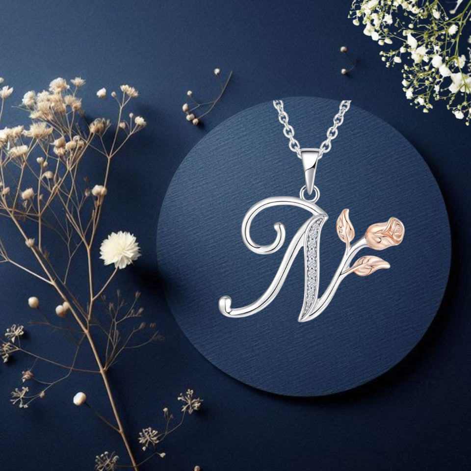 Initial Alphabet Rose Pendant Necklace