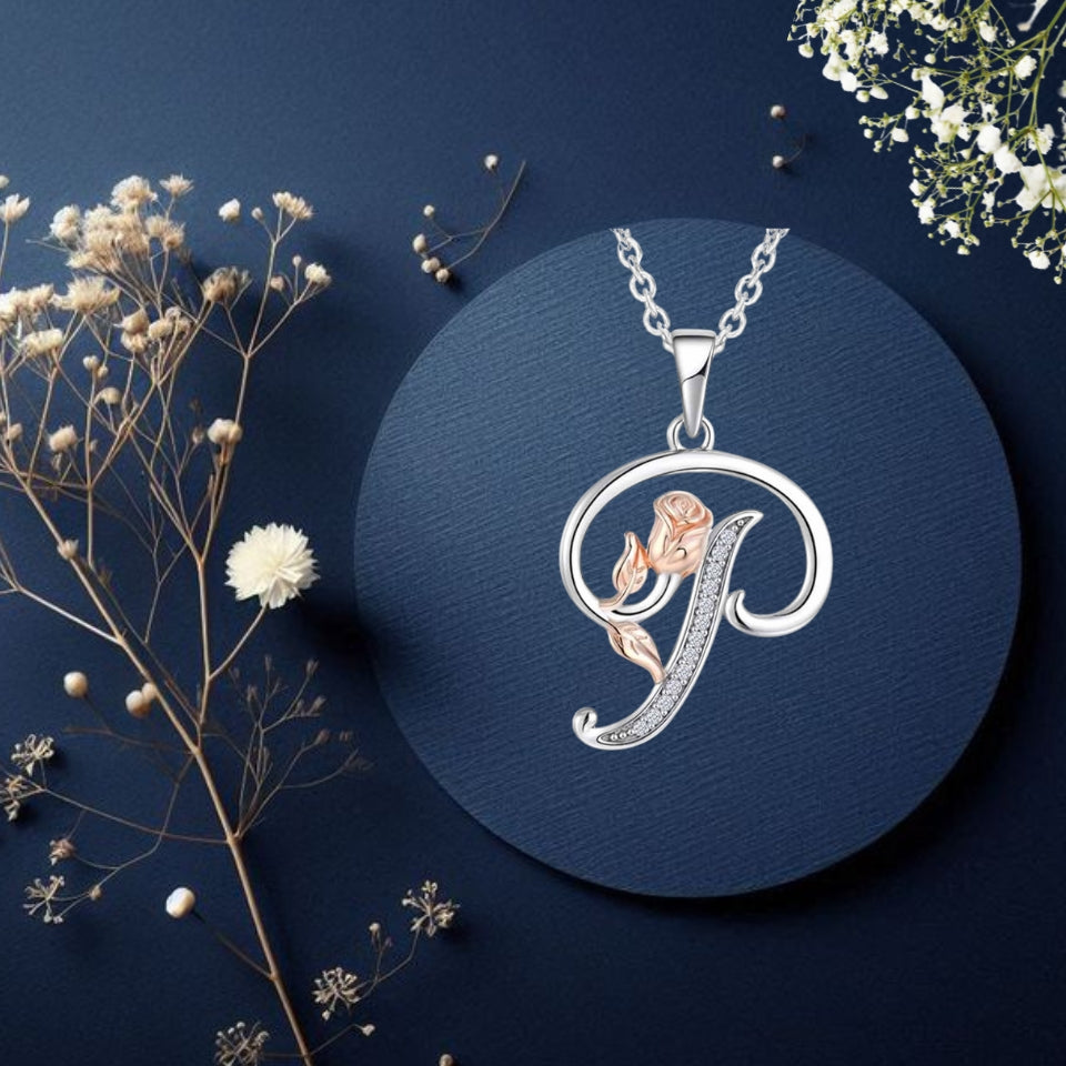 Initial Alphabet Rose Pendant Necklace