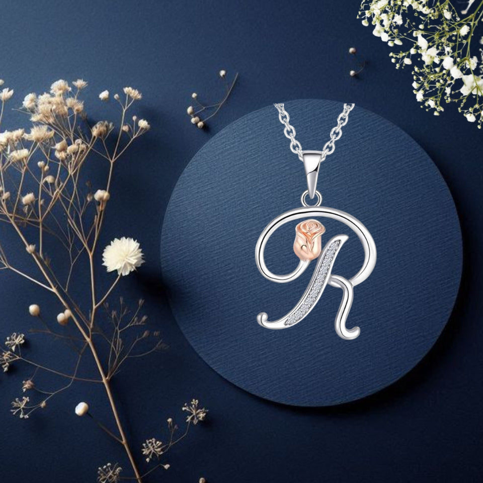 Initial Alphabet Rose Pendant Necklace