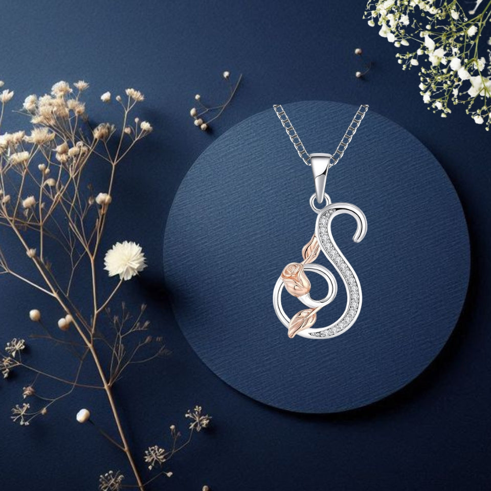 Initial Alphabet Rose Pendant Necklace