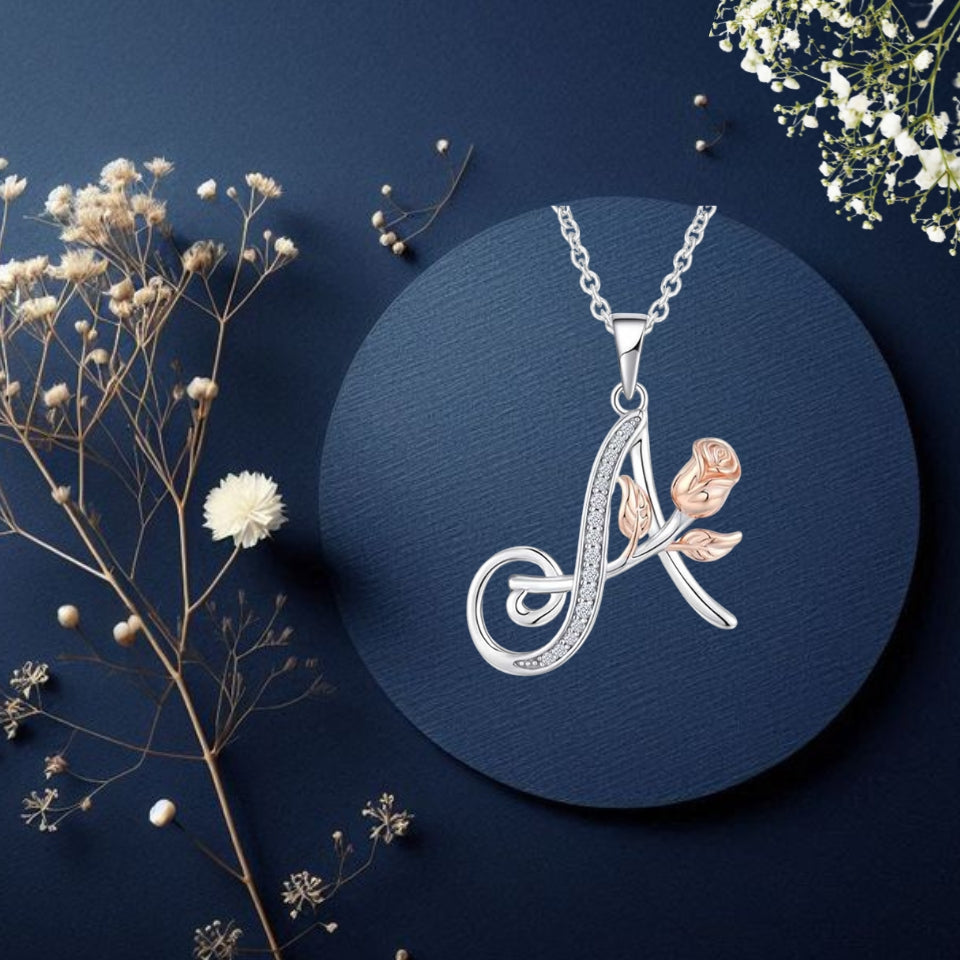 Initial Alphabet Rose Pendant Necklace