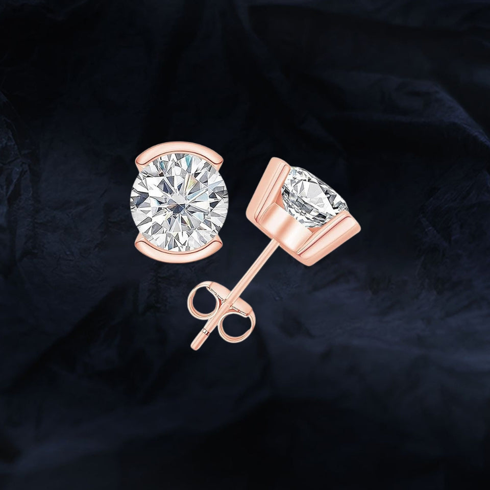 Round Moissanite Half Bezel Solitaire Stud