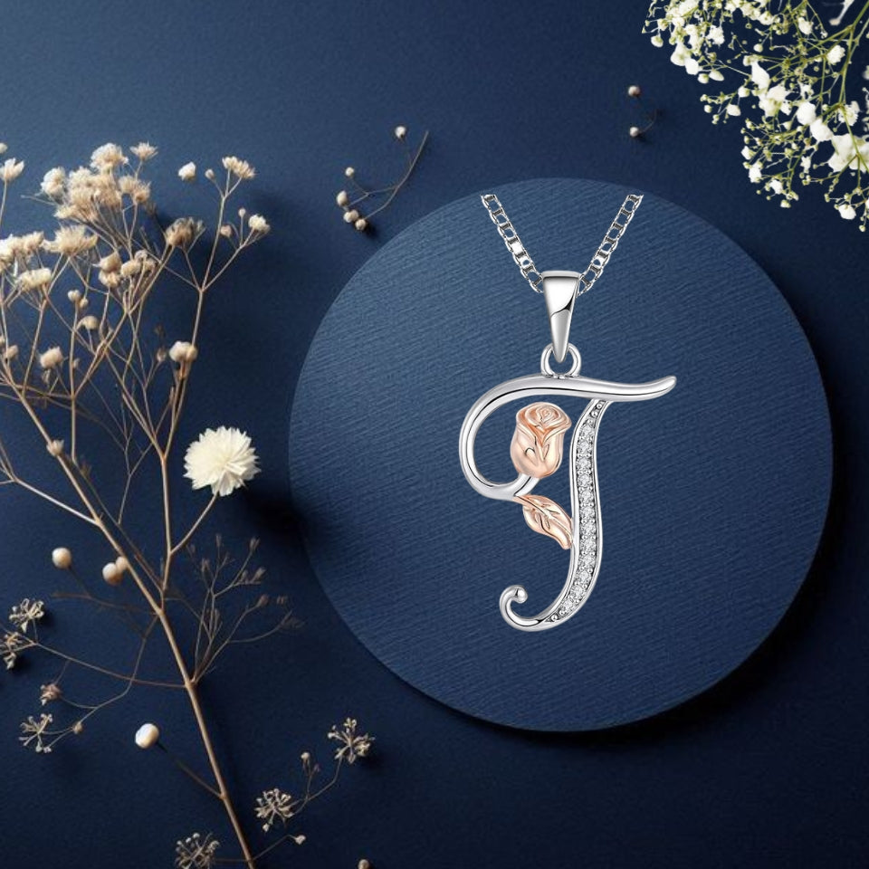 Initial Alphabet Rose Pendant Necklace