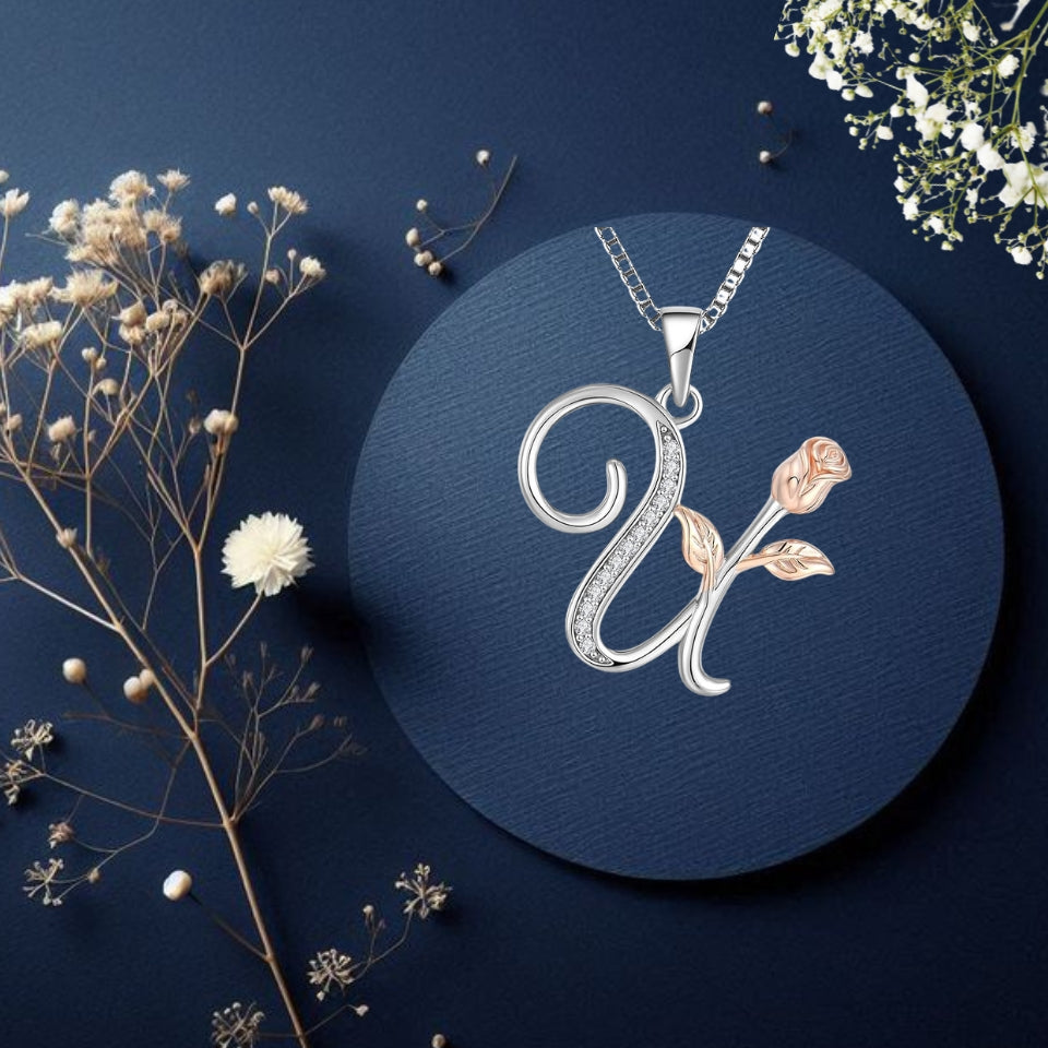 Initial Alphabet Rose Pendant Necklace