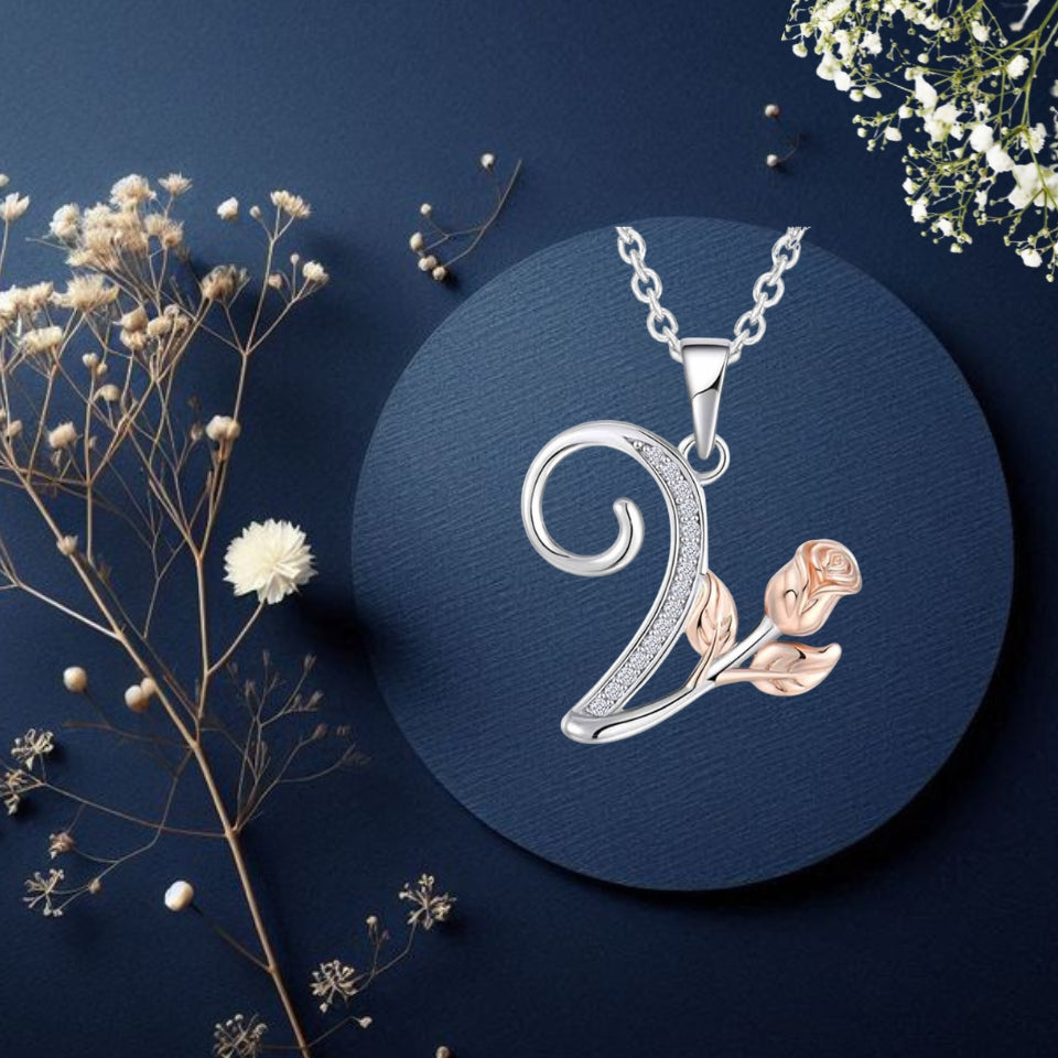 Initial Alphabet Rose Pendant Necklace