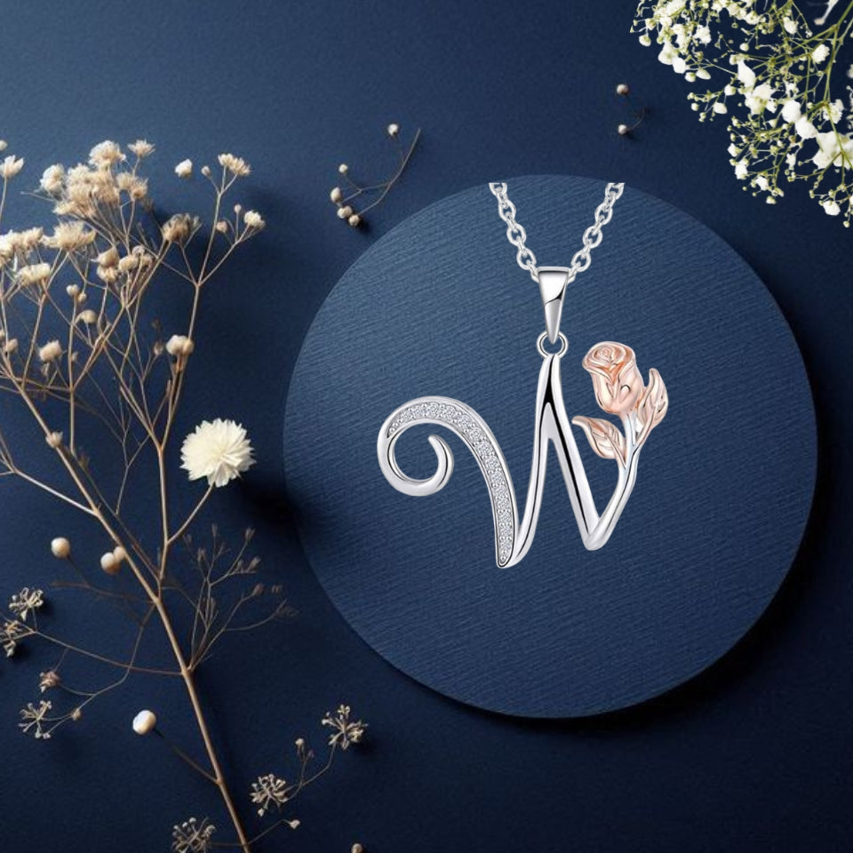 Initial Alphabet Rose Pendant Necklace