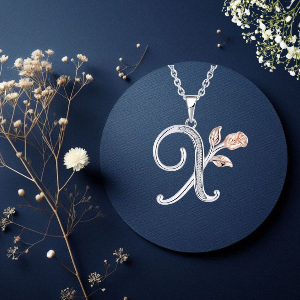 Initial Alphabet Rose Pendant Necklace