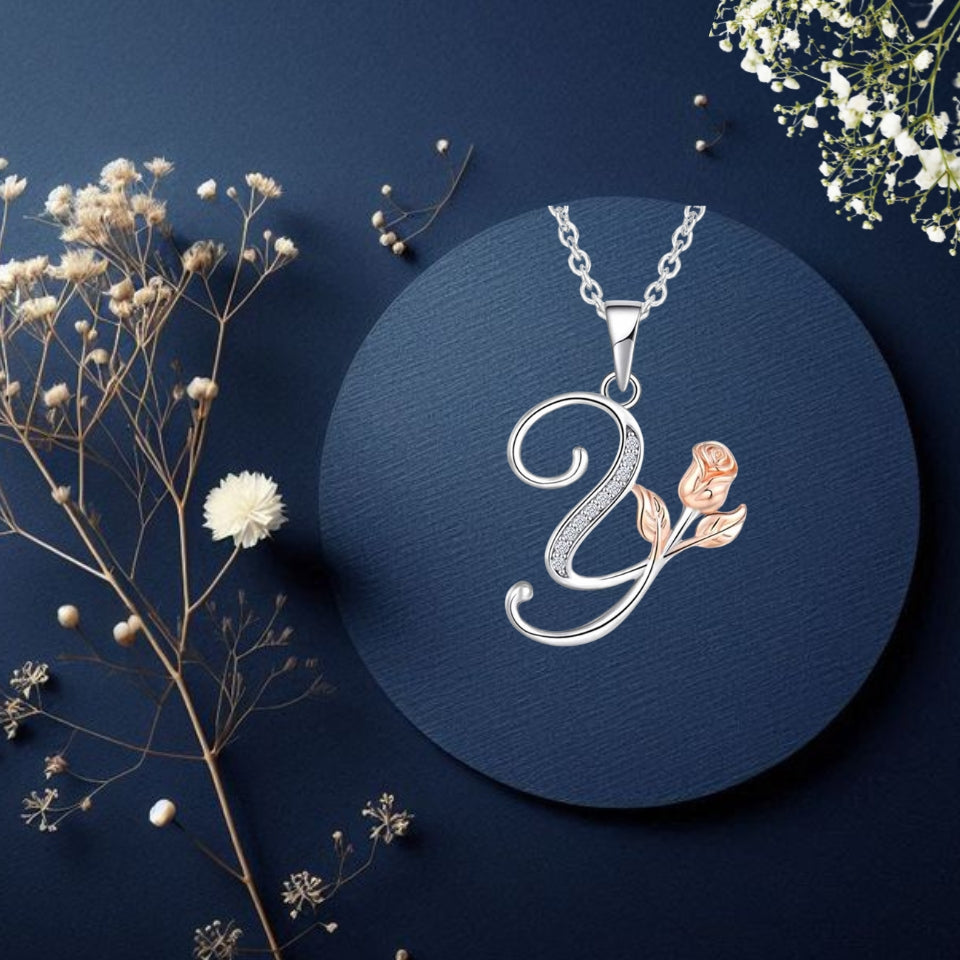 Initial Alphabet Rose Pendant Necklace