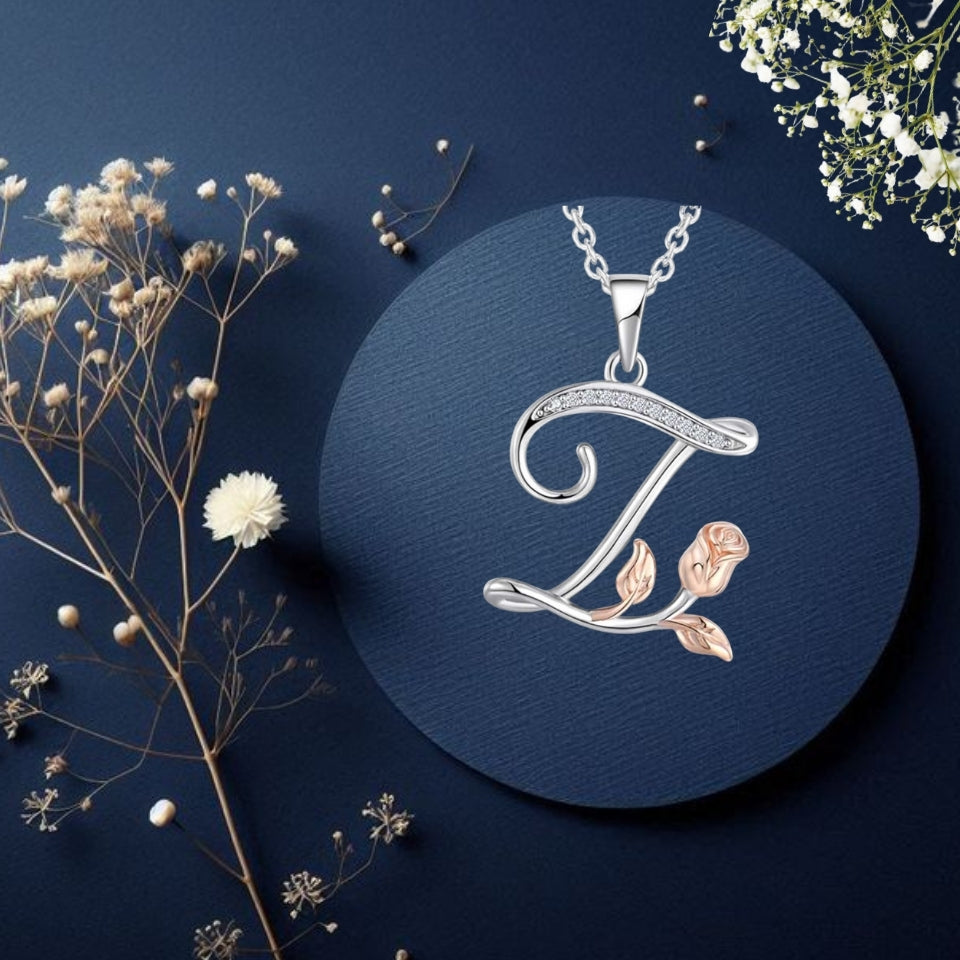 Initial Alphabet Rose Pendant Necklace