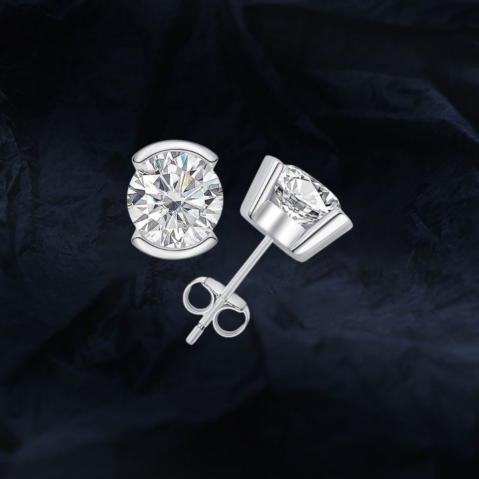 Round Moissanite Half Bezel Solitaire Stud