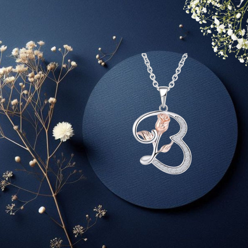 Initial Alphabet Rose Pendant Necklace