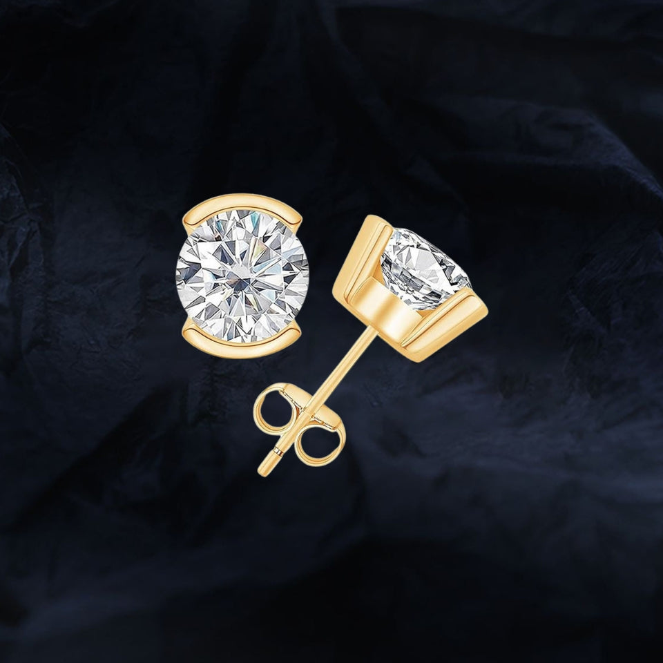 Round Moissanite Half Bezel Solitaire Stud