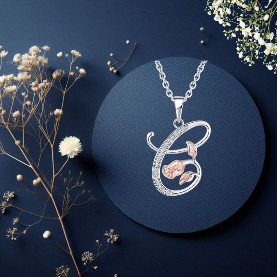 Initial Alphabet Rose Pendant Necklace