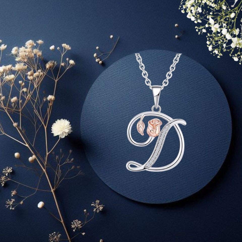 Initial Alphabet Rose Pendant Necklace