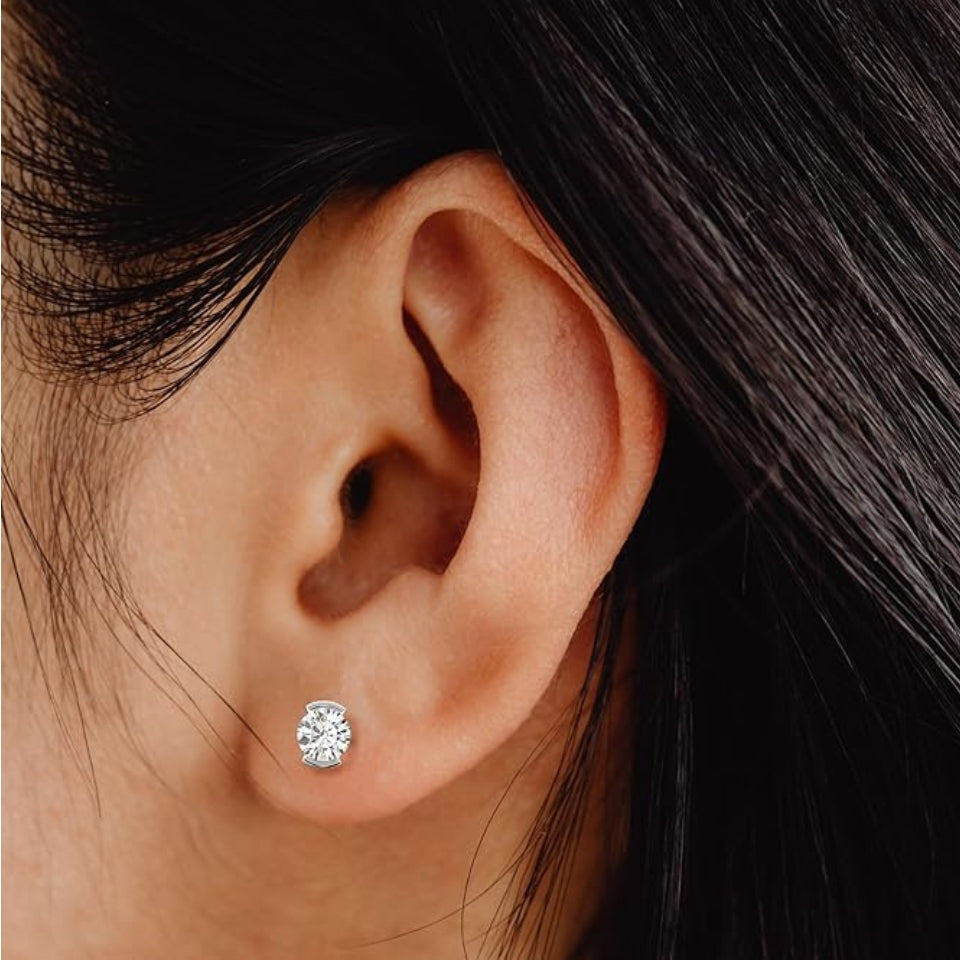 Round Moissanite Half Bezel Solitaire Stud