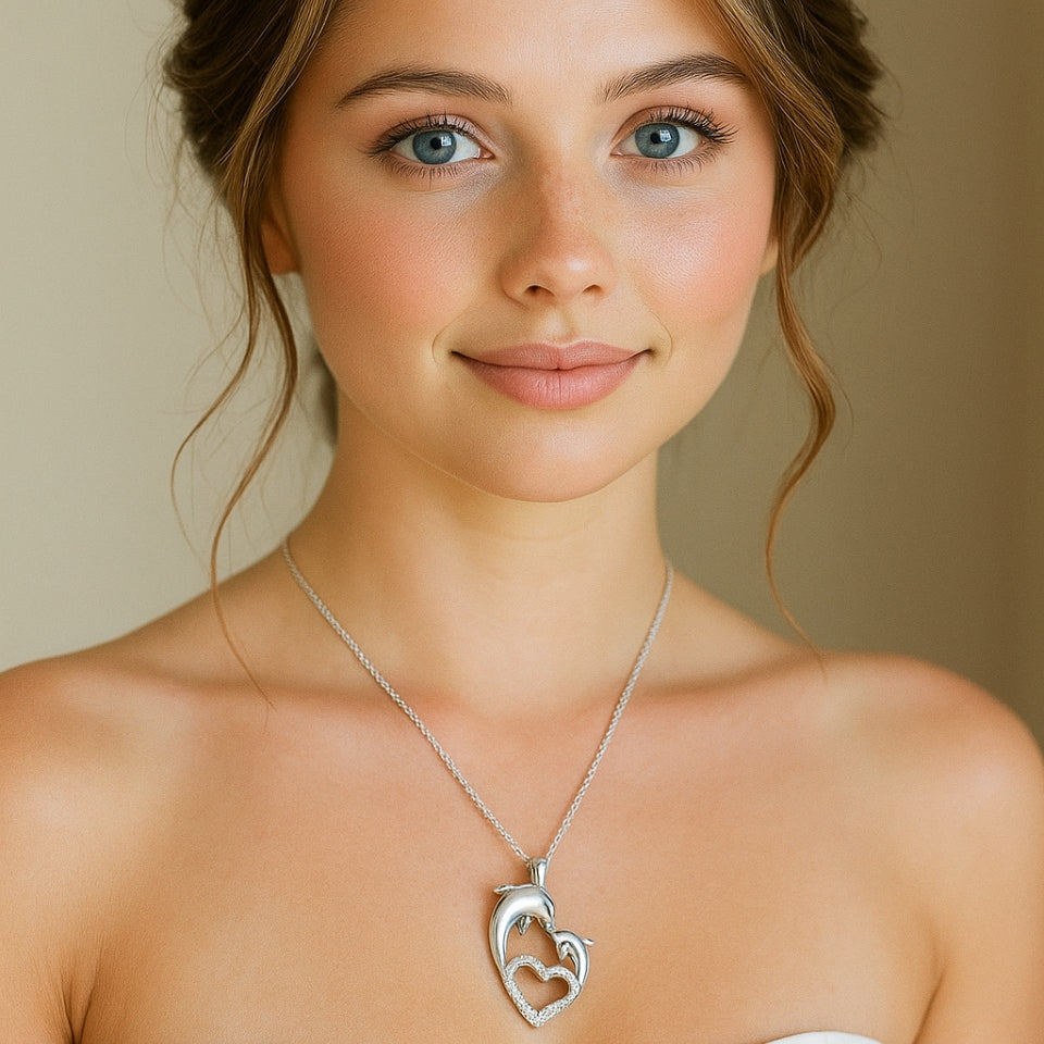 Mother Love Dolphin Heart Pendant Necklace