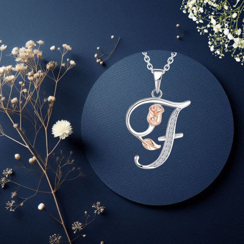 Initial Alphabet Rose Pendant Necklace