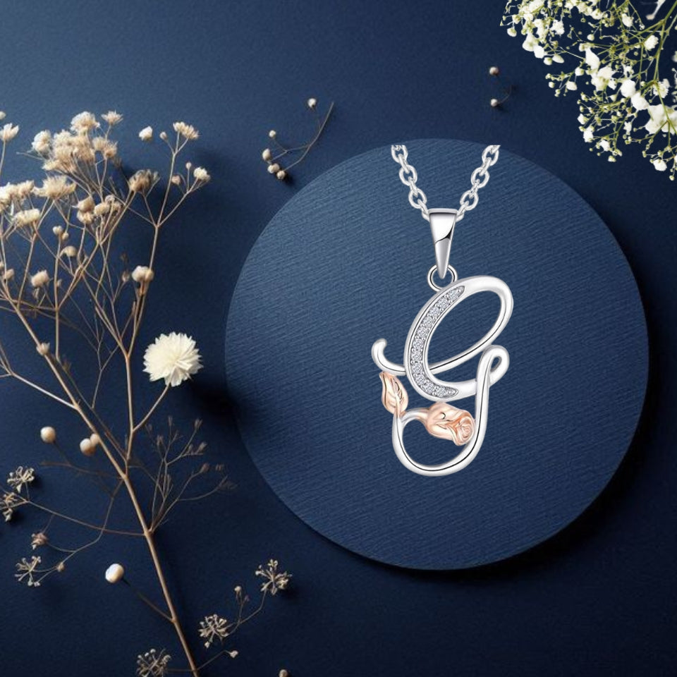 Initial Alphabet Rose Pendant Necklace
