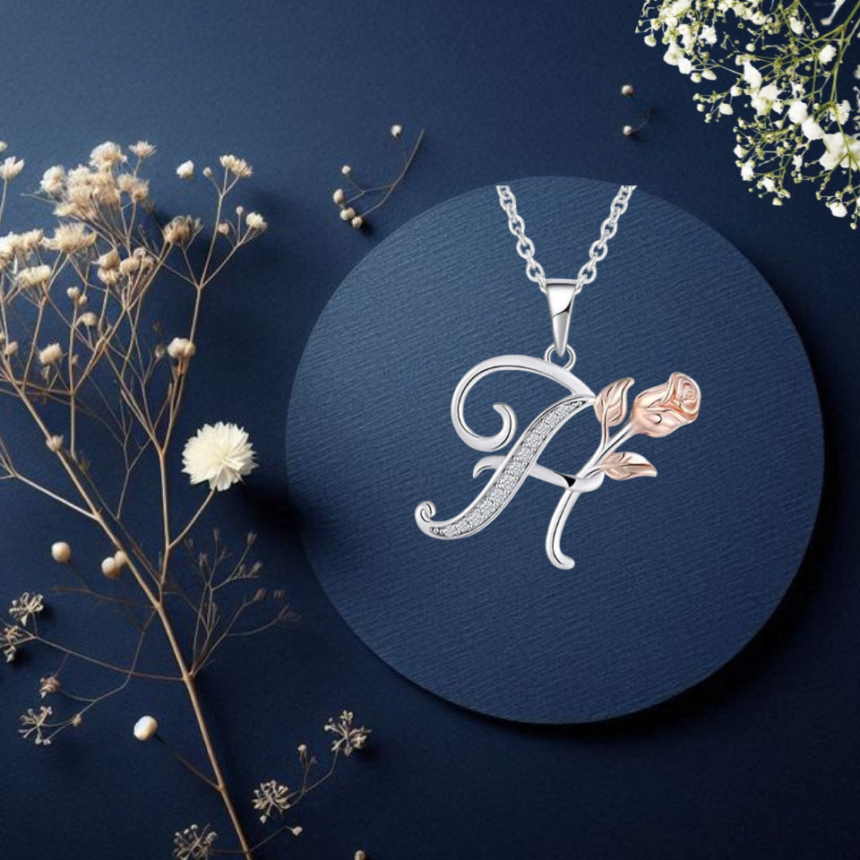 Initial Alphabet Rose Pendant Necklace