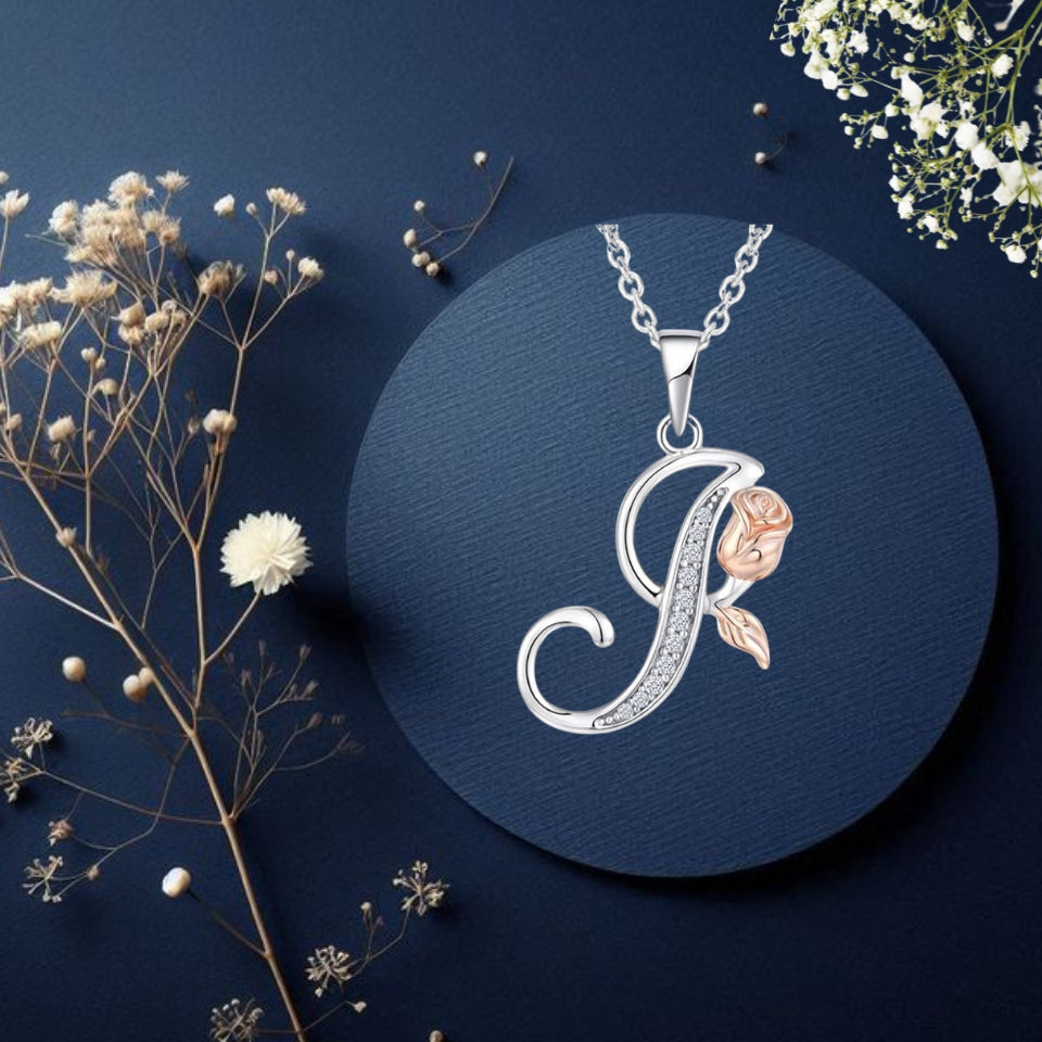 Initial Alphabet Rose Pendant Necklace