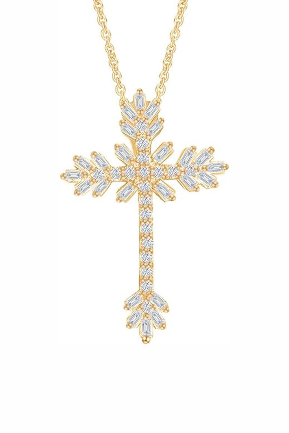 Yellow Gold Color Baguette and Round Moissanite Cross Pendant Necklace 