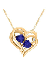 Yellow Gold Color Blue Sapphire and Double Heart Pendant Necklace