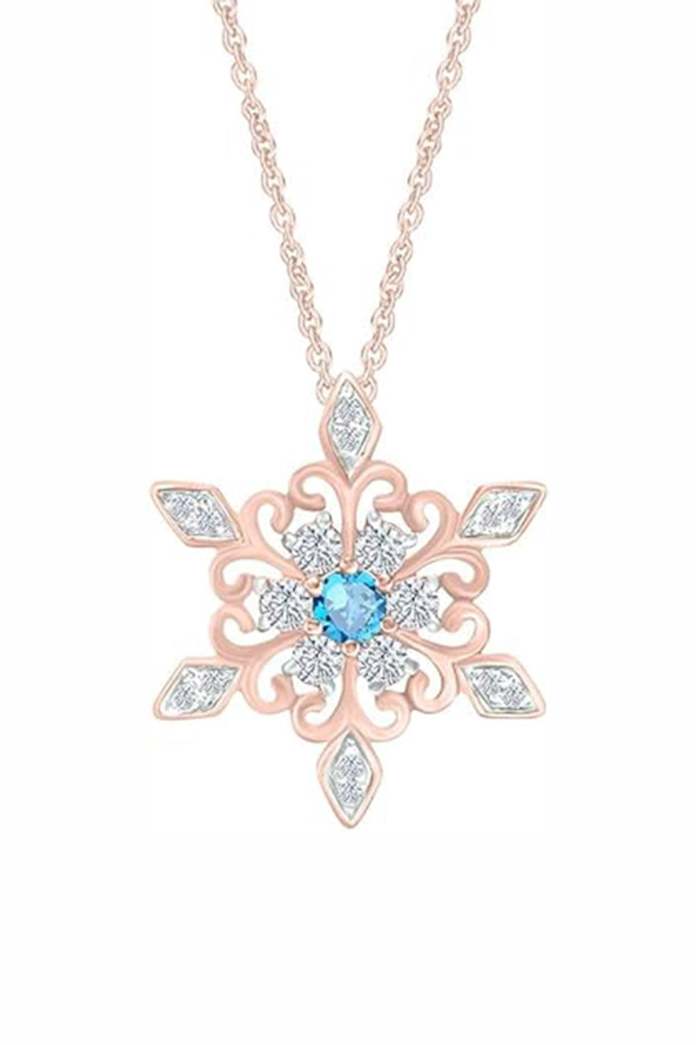 3mm Simulated Birthday and Moissanite Snowflake Pendant Necklace in 18k Gold Plated Sterling Silver.