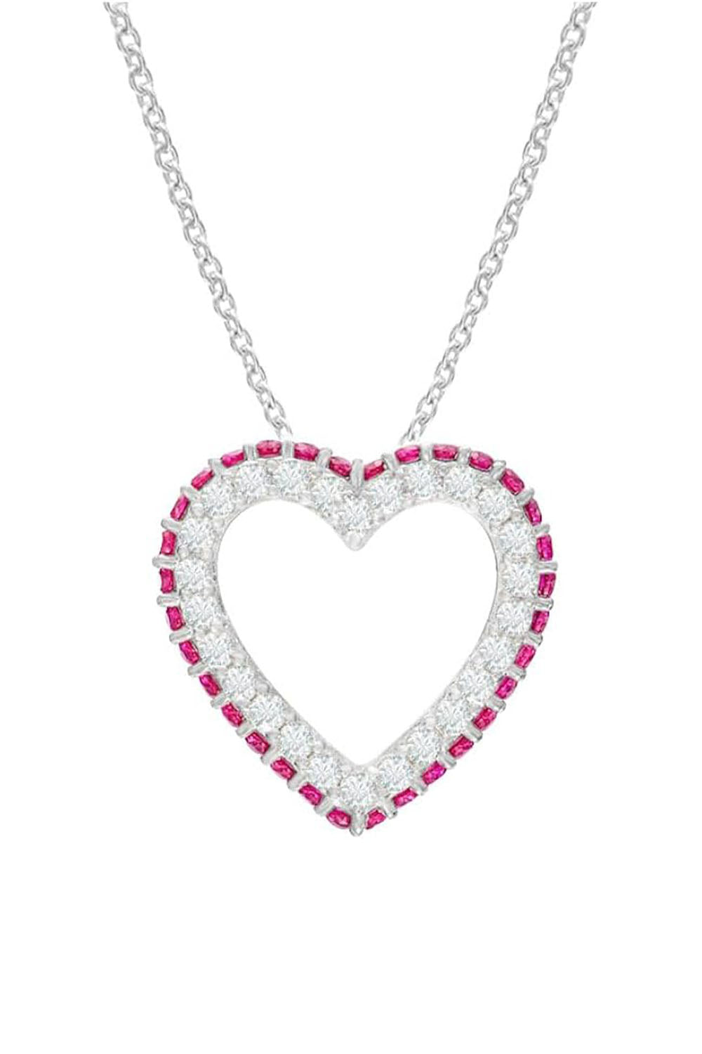White Gold Color Pink Ruby Birthstone Gemstone Heart Pendant Necklace