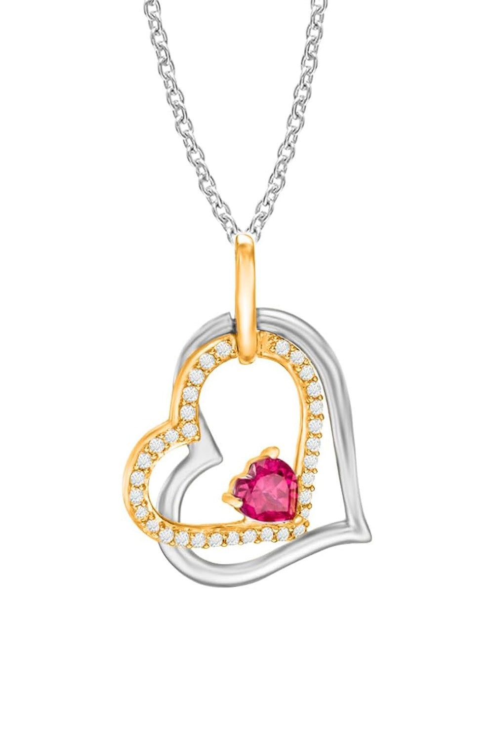 White Gold Color Ruby Diamond Tilted Double Heart Pendant Necklace