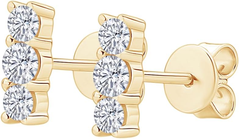 Yellow Gold Color Three Stone Moissanite Stud Earrings for Women 