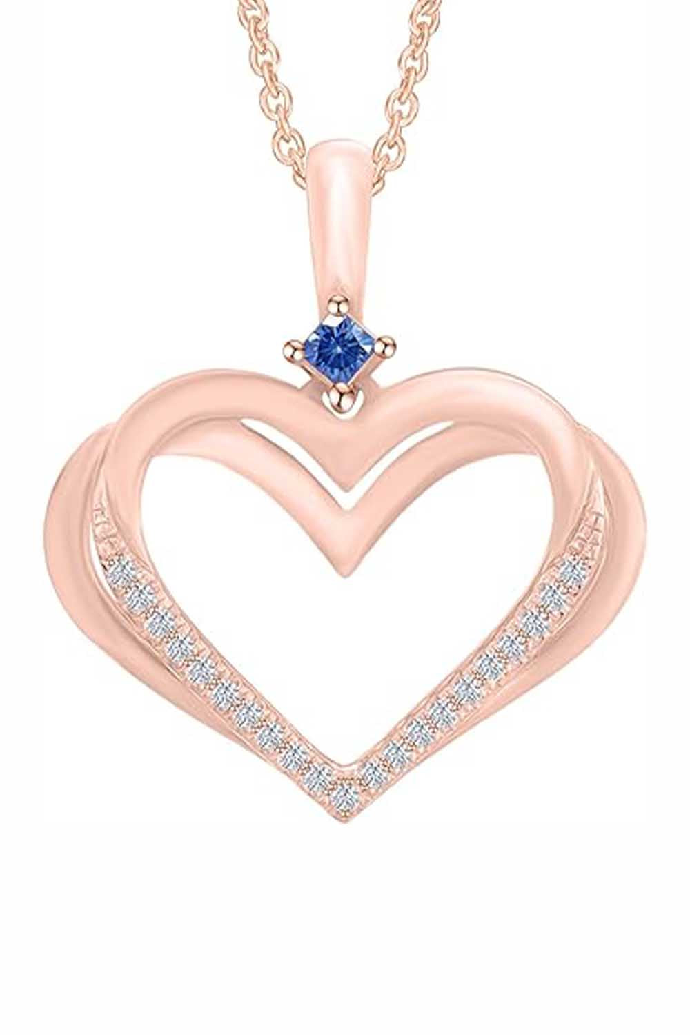 Rose Gold Color Stylish Blue Sapphire Double Heart Pendant Necklace