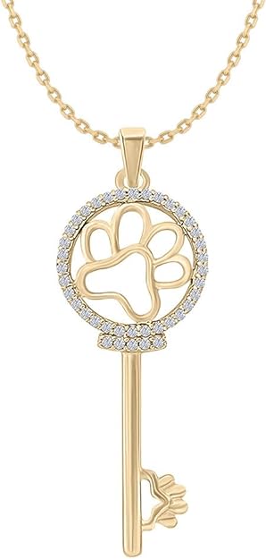 Yellow Gold Color Paw Print Key Pendant Necklace for Women