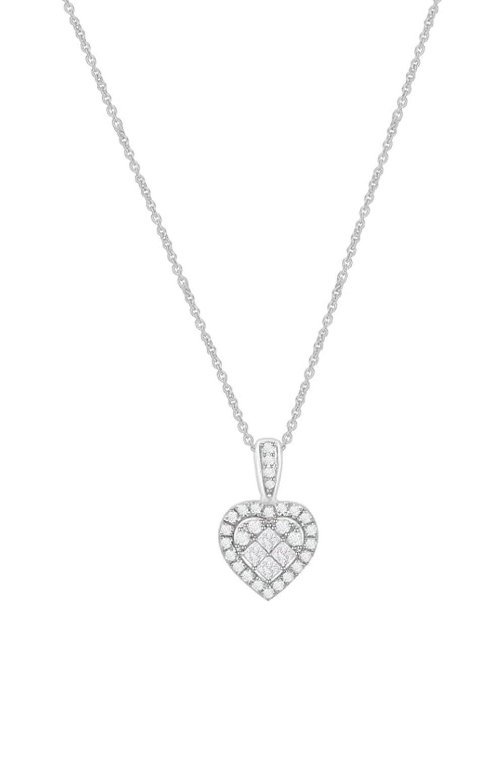 White Gold Color Princess Cut Moissanite Halo Heart Pendant Necklace