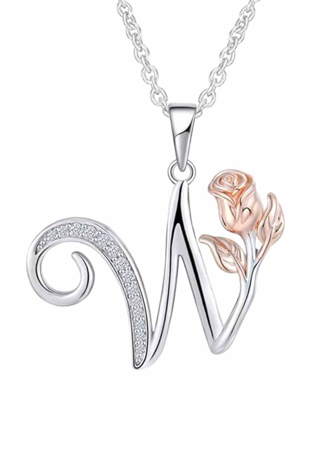 W Letter With Rose Pendant Necklace