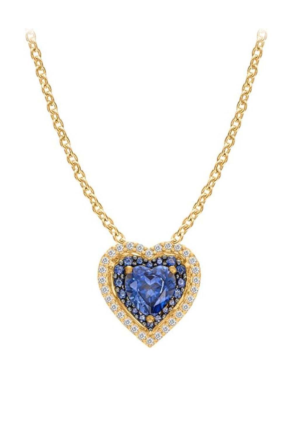 Yellow Gold Color Latest Blue Sapphire Double Heart Pendant Necklace 