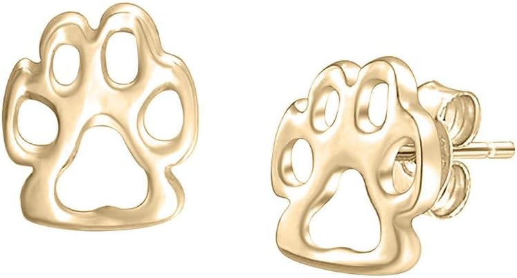 Yellow Gold Color Silver Paw Print Stud Earrings for Women, Womens Studs