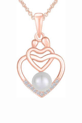 Rose Gold Color Pearl Child with Mom Double Heart Pendant Necklace 