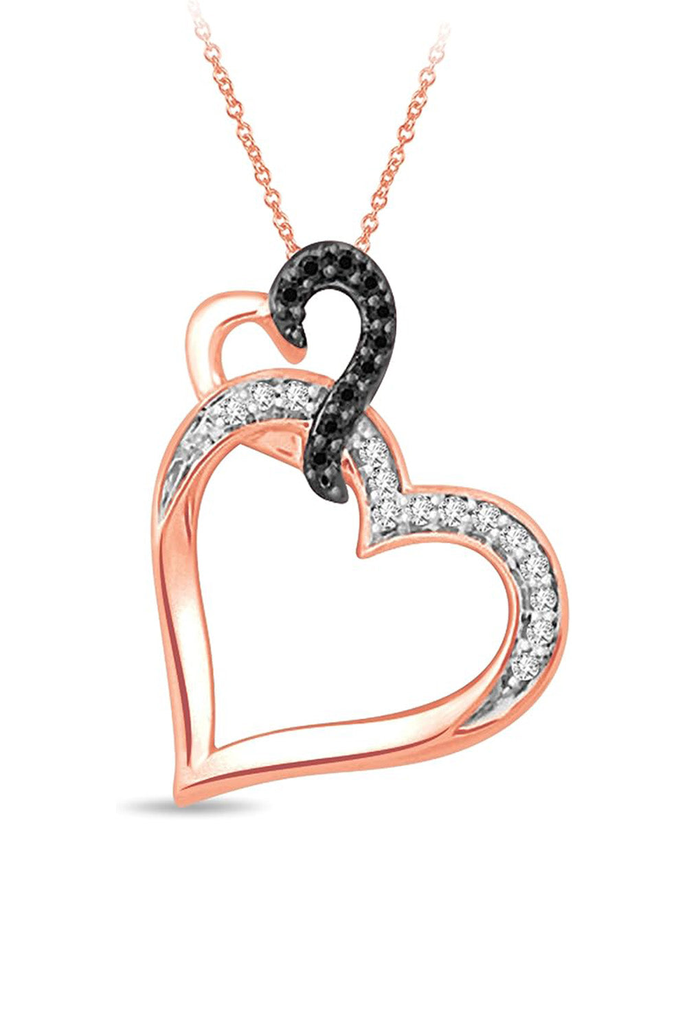 Rose Gold Color Black and White Double Heart Pendant Necklace
