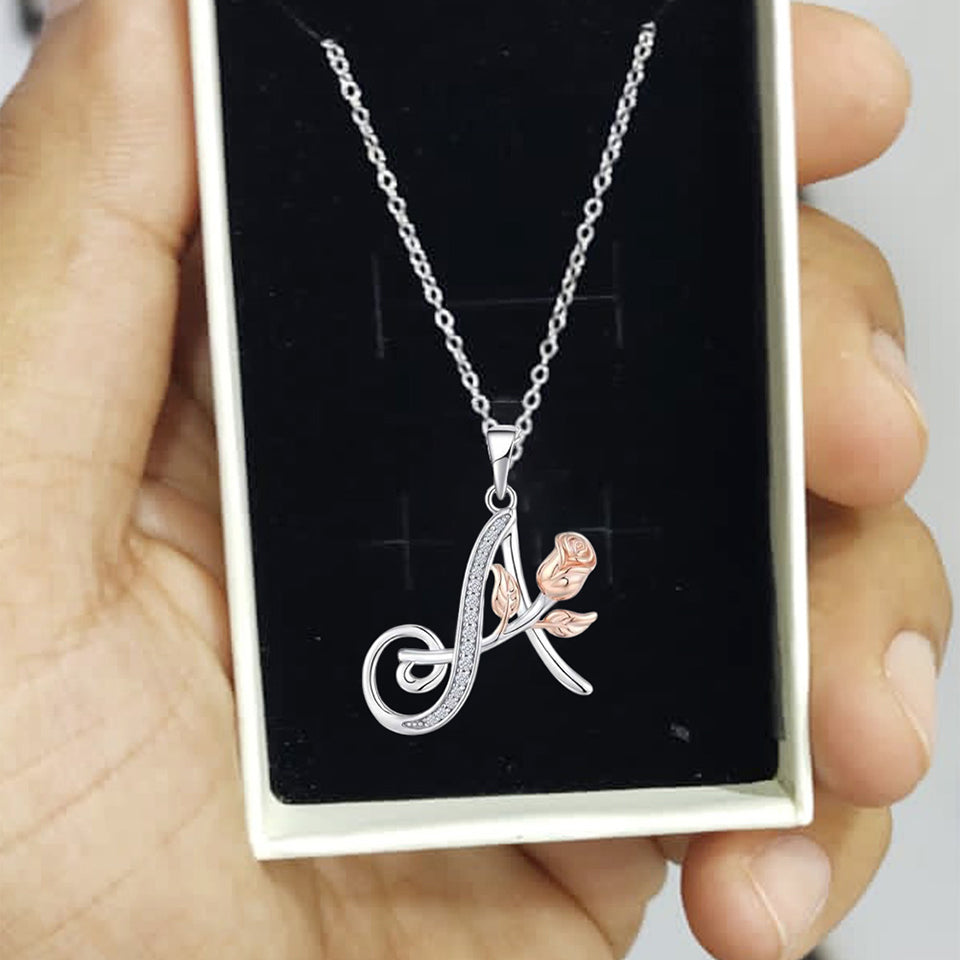 Initial Alphabet Rose Pendant Necklace