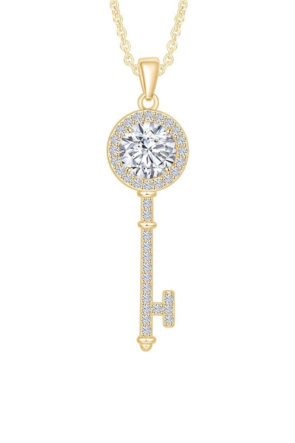 1 Carat (Ctw) Moissanite Key Pendant Necklace in 18K Gold Plated Sterling Silver.