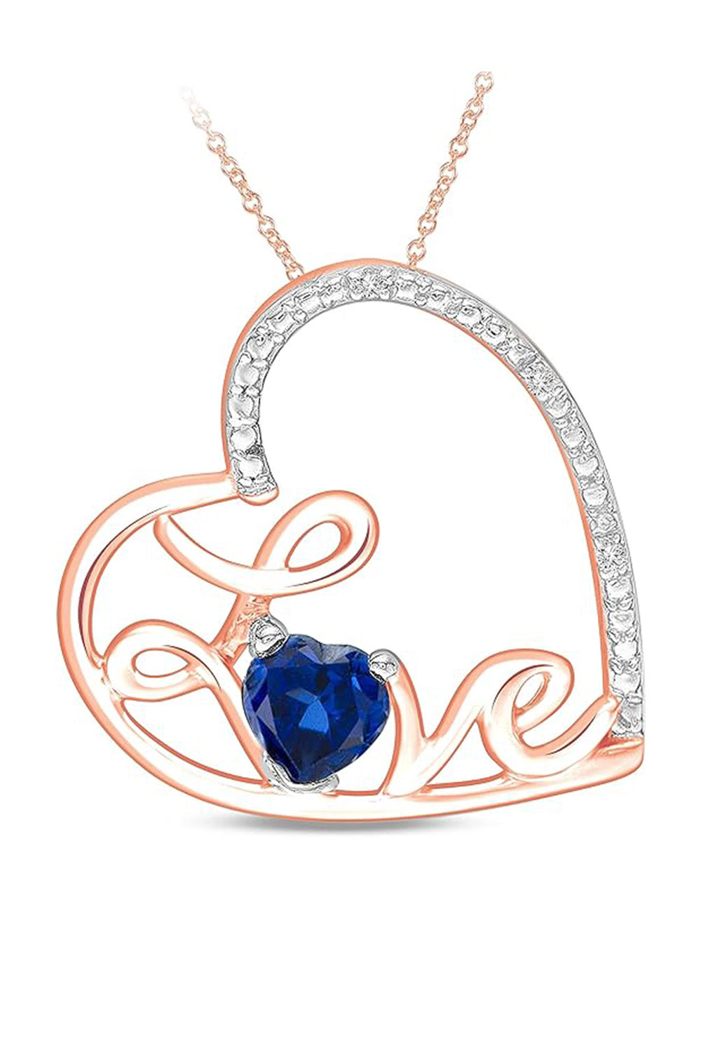 Rose Gold Color Blue Sapphire Love Heart Pendant Necklace