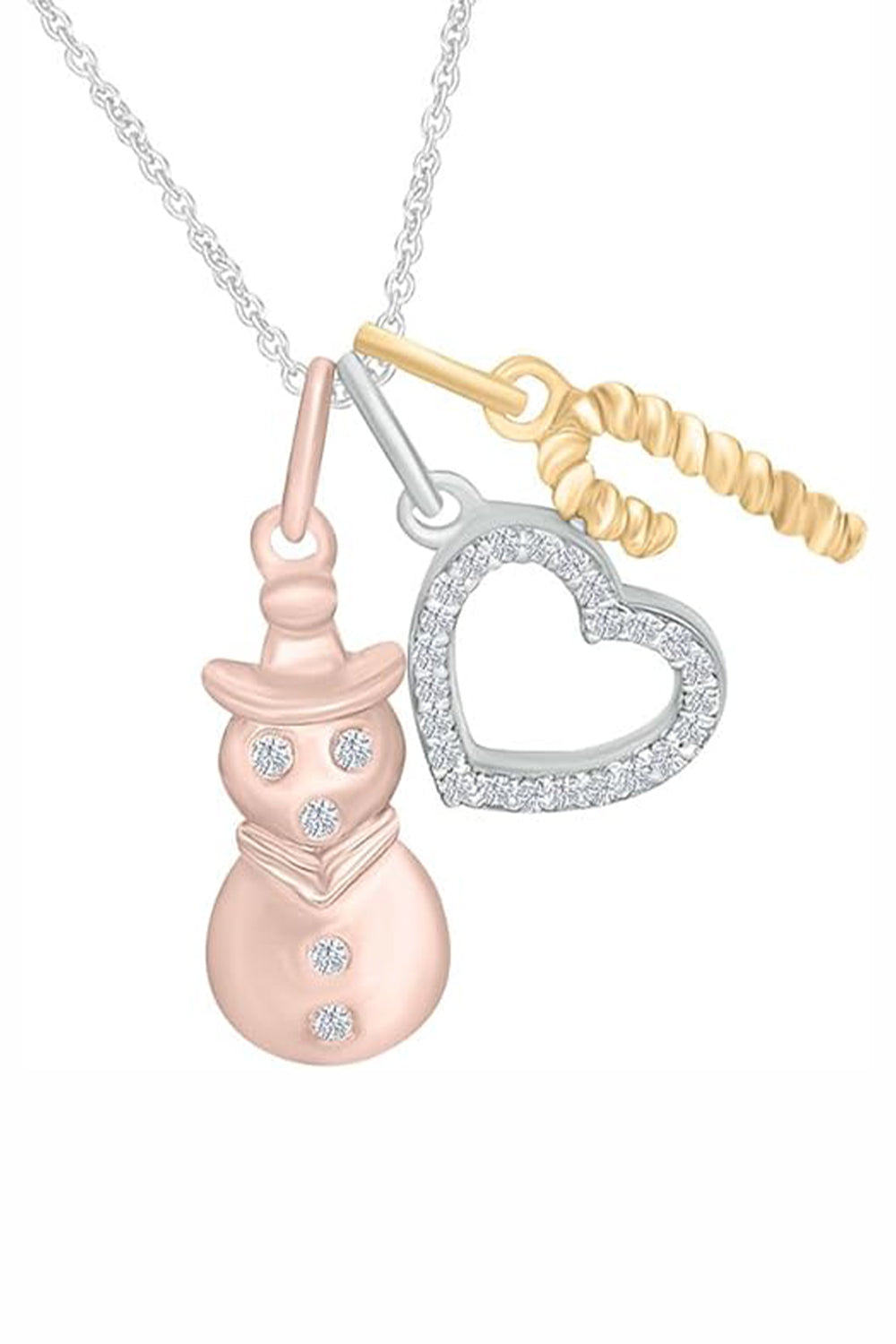 Moissanite Snowman, Heart and Candy Cane Charms Pendant Necklace in 18k Two tone Gold Plated Sterling Silver.