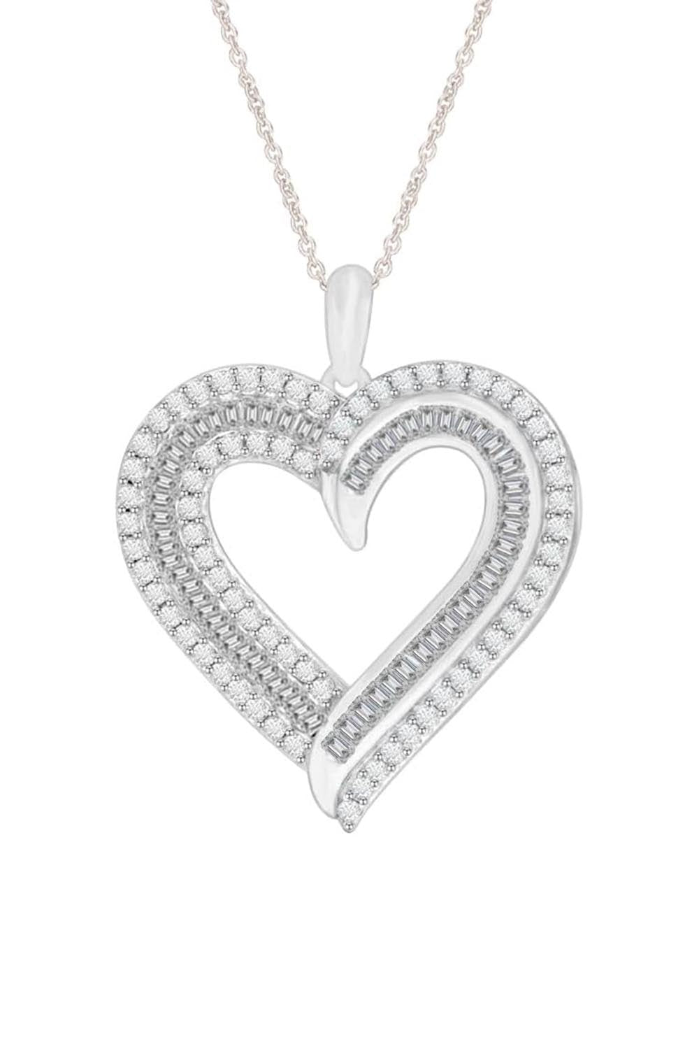 White Gold Color Baguette and Double Row Heart Pendant Necklace 