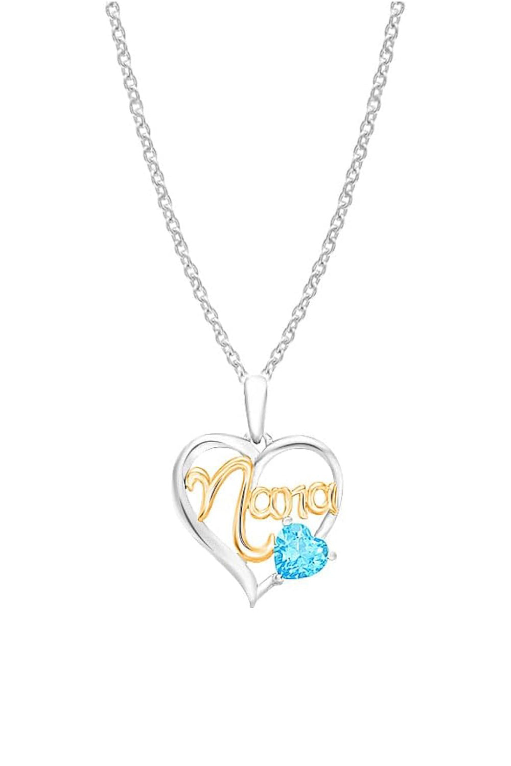 White Gold Color Blue Topaz Gemstone Nana Love Heart Pendant Necklace