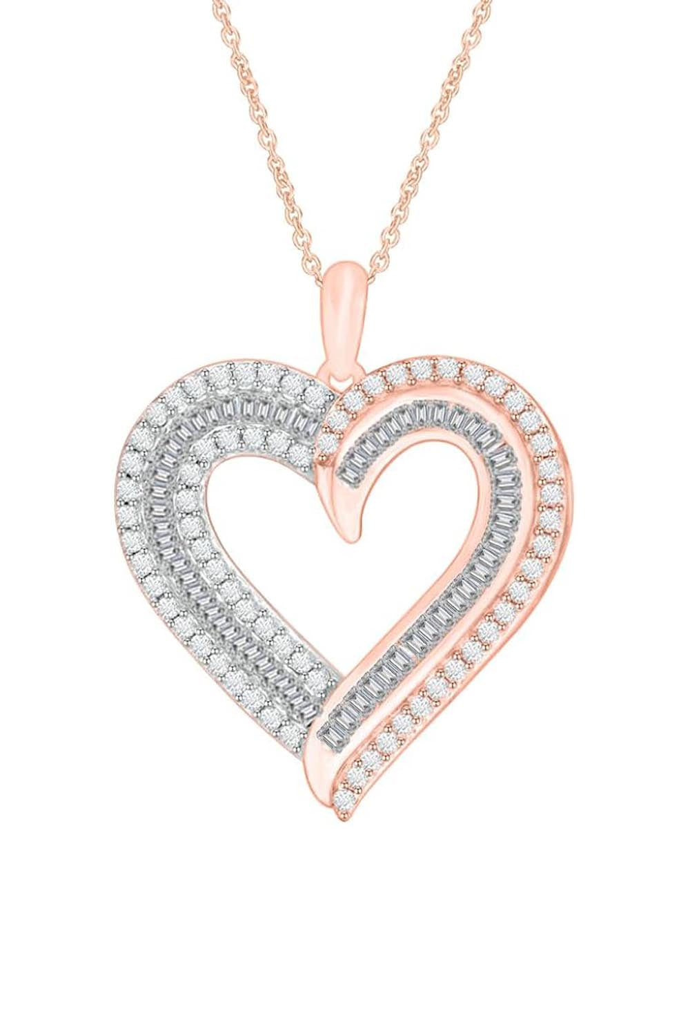 Rose Gold Color Baguette and Double Row Heart Pendant Necklace 