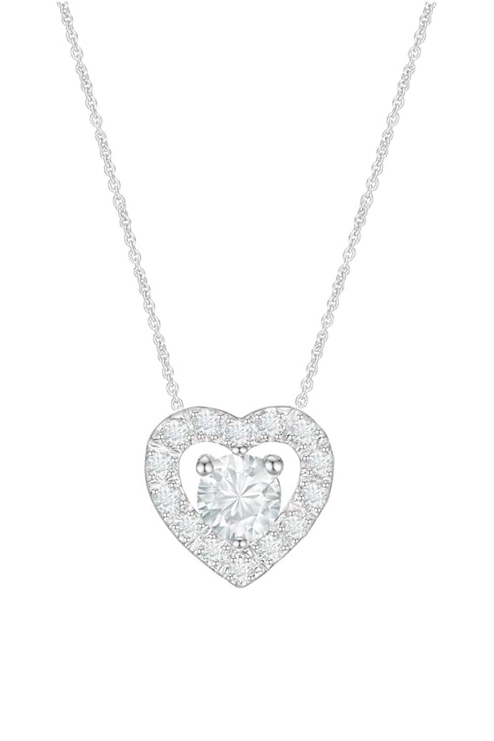 White Gold Color Round Solitaire Moissanite Halo Heart Pendant Necklace