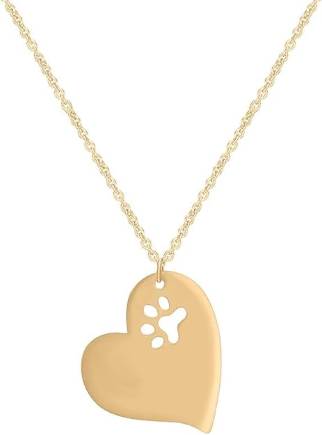 Yellow Gold Color Dog Paw Print Cutout Tilted Heart Pendant Necklace 